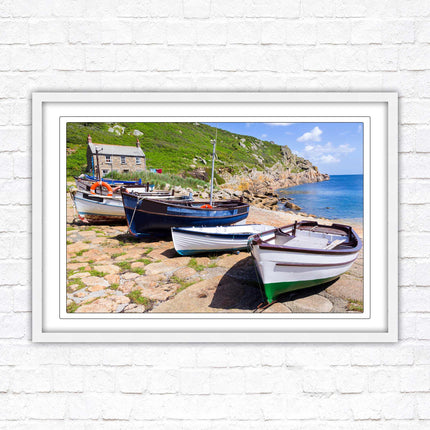 Framed picture of Boats moored at Penberth beach, Cornwall. print. Beach seascape. Choice of frame styles available.