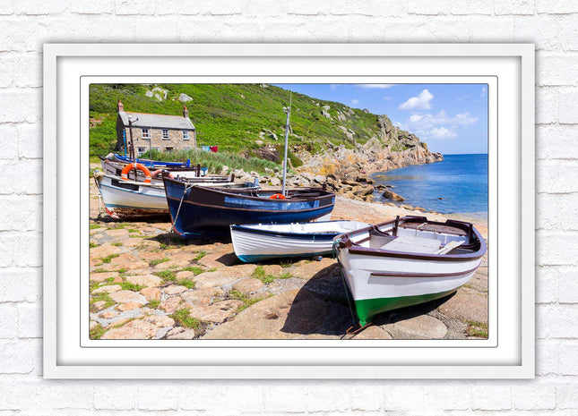 Framed picture of Boats moored at Penberth beach, Cornwall. print. Beach seascape. Choice of frame styles available.