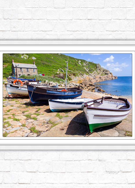 Framed picture of Boats moored at Penberth beach, Cornwall. print. Beach seascape. Choice of frame styles available.