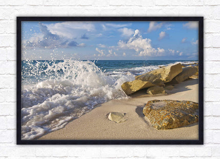 Waves on a Caribbean beach. Framed picture print with a choice of frame colours. Beach seascape