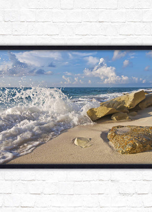 Waves on a Caribbean beach. Framed picture print with a choice of frame colours. Beach seascape