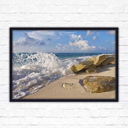 Waves on a Caribbean beach. Framed picture print with a choice of frame colours. Beach seascape