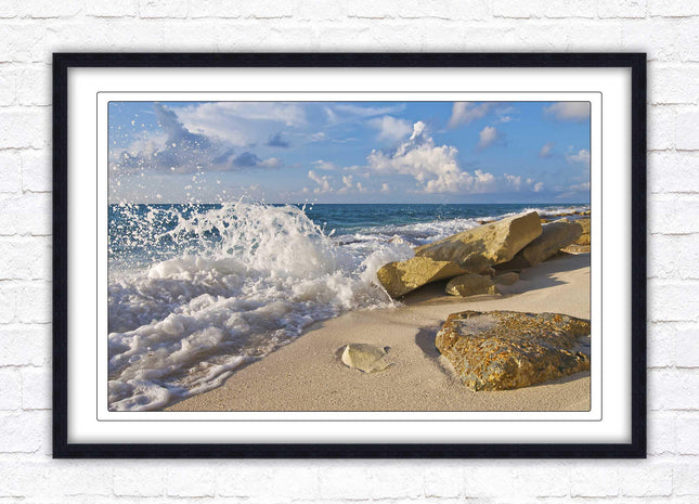 Waves on a Caribbean beach. Framed picture print with a choice of frame colours. Beach seascape