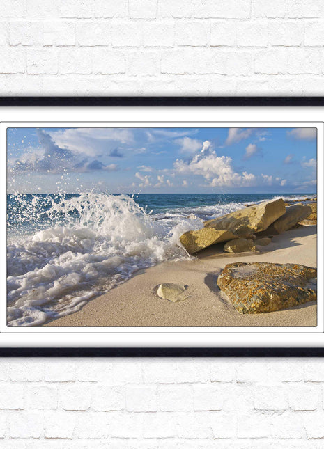 Waves on a Caribbean beach. Framed picture print with a choice of frame colours. Beach seascape