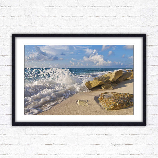 Waves on a Caribbean beach. Framed picture print with a choice of frame colours. Beach seascape