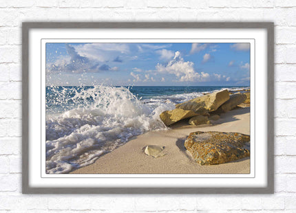Waves on a Caribbean beach. Framed picture print with a choice of frame colours. Beach seascape