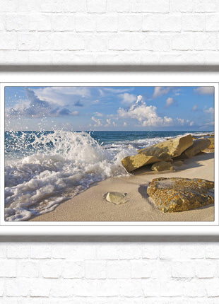 Waves on a Caribbean beach. Framed picture print with a choice of frame colours. Beach seascape