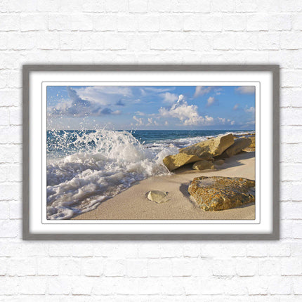 Waves on a Caribbean beach. Framed picture print with a choice of frame colours. Beach seascape