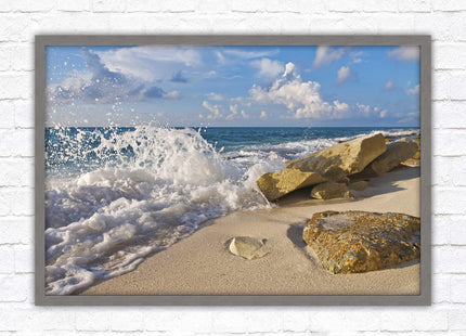 Waves on a Caribbean beach. Framed picture print with a choice of frame colours. Beach seascape