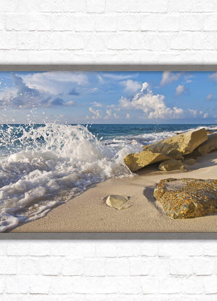 Waves on a Caribbean beach. Framed picture print with a choice of frame colours. Beach seascape