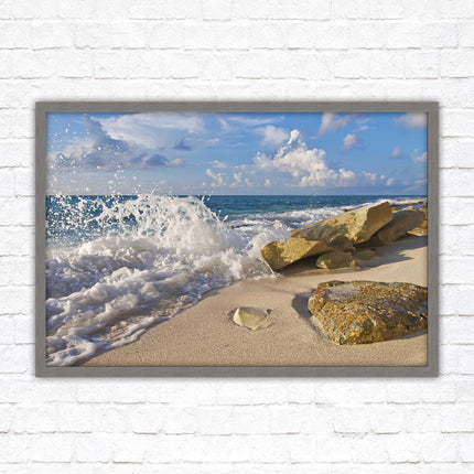 Waves on a Caribbean beach. Framed picture print with a choice of frame colours. Beach seascape