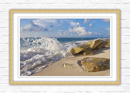 Waves on a Caribbean beach. Framed picture print with a choice of frame colours. Beach seascape