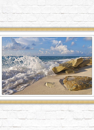Waves on a Caribbean beach. Framed picture print with a choice of frame colours. Beach seascape