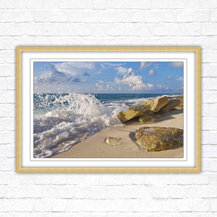 Waves on a Caribbean beach. Framed picture print with a choice of frame colours. Beach seascape