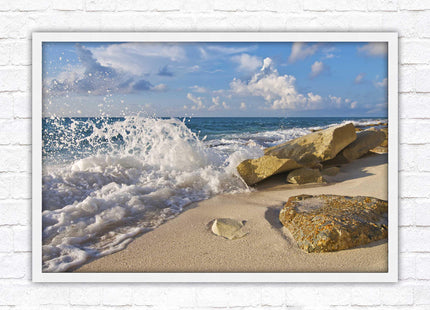 Waves on a Caribbean beach. Framed picture print with a choice of frame colours. Beach seascape
