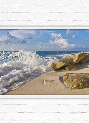 Waves on a Caribbean beach. Framed picture print with a choice of frame colours. Beach seascape