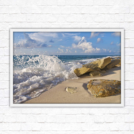Waves on a Caribbean beach. Framed picture print with a choice of frame colours. Beach seascape