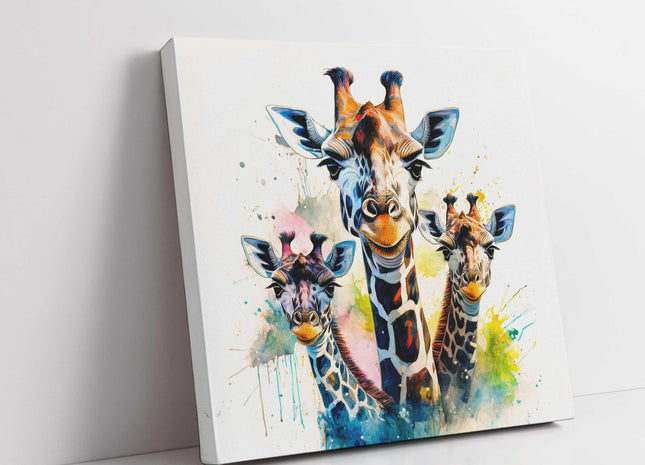 Giraffes canvas picture print. Colourful watercolour wall art. A choice of sizes available.