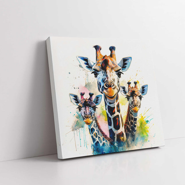 Giraffes canvas picture print. Colourful watercolour wall art. A choice of sizes available.