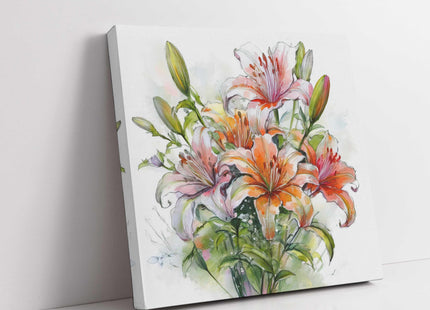 Lillies bouquet. Floral canvas picture. Watercolour effect. A choice of sizes available Wall Art.
