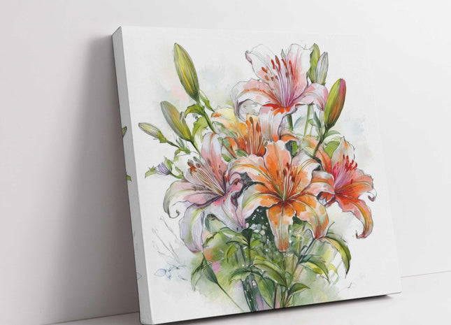 Lillies bouquet. Floral canvas picture. Watercolour effect. A choice of sizes available Wall Art.