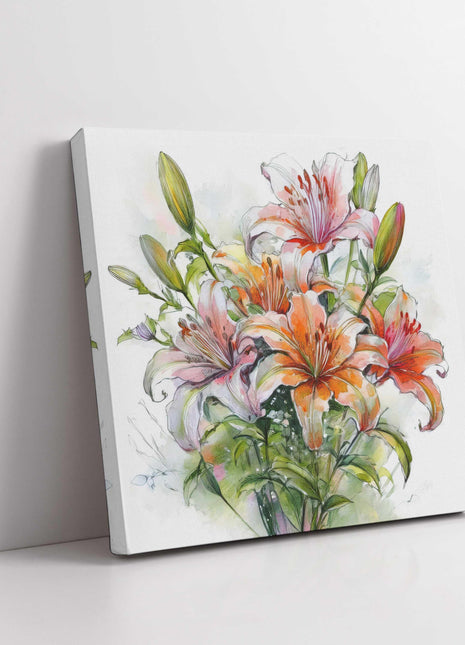 Lillies bouquet. Floral canvas picture. Watercolour effect. A choice of sizes available Wall Art.