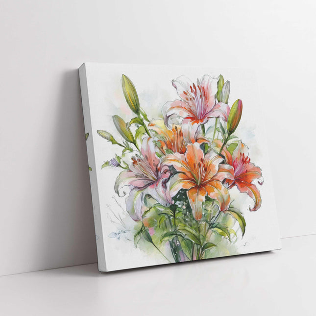 Lillies bouquet. Floral canvas picture. Watercolour effect. A choice of sizes available Wall Art.