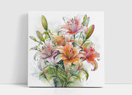 Lillies bouquet. Floral canvas picture. Watercolour effect. A choice of sizes available Wall Art.