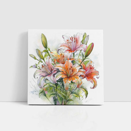 Lillies bouquet. Floral canvas picture. Watercolour effect. A choice of sizes available Wall Art.