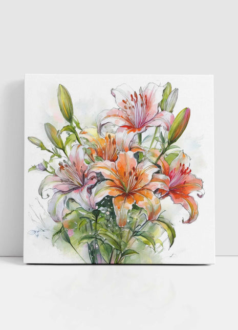 Lillies bouquet. Floral canvas picture. Watercolour effect. A choice of sizes available Wall Art.