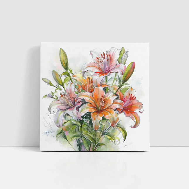 Lillies bouquet. Floral canvas picture. Watercolour effect. A choice of sizes available Wall Art.