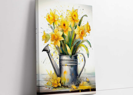 Spring Daffodils displayed in watering can. Printed and framed as a canvas picture. Wall Art for any home.