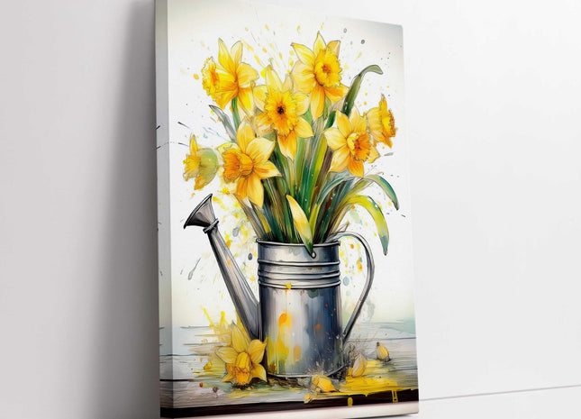 Spring Daffodils displayed in watering can. Printed and framed as a canvas picture. Wall Art for any home.