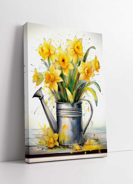 Spring Daffodils displayed in watering can. Printed and framed as a canvas picture. Wall Art for any home.