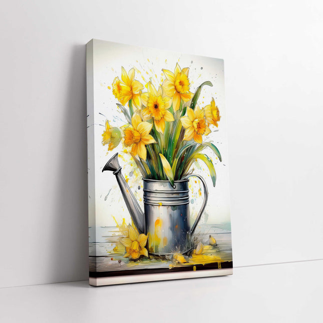 Spring Daffodils displayed in watering can. Printed and framed as a canvas picture. Wall Art for any home.