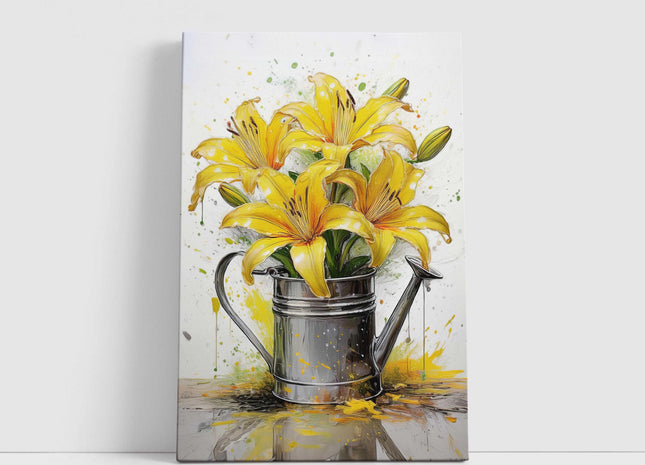 Yellow lilies, displayed in watering can. Printed and framed as a canvas picture. Wall Art for any home.