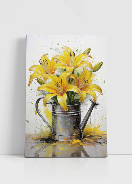 Yellow lilies, displayed in watering can. Printed and framed as a canvas picture. Wall Art for any home.