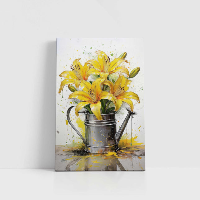 Yellow lilies, displayed in watering can. Printed and framed as a canvas picture. Wall Art for any home.