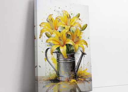 Yellow lilies, displayed in watering can. Printed and framed as a canvas picture. Wall Art for any home.