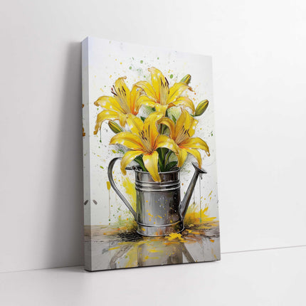 Yellow lilies, displayed in watering can. Printed and framed as a canvas picture. Wall Art for any home.