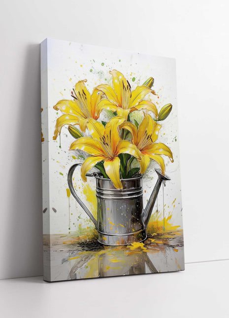 Yellow lilies, displayed in watering can. Printed and framed as a canvas picture. Wall Art for any home.