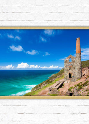 Cornish tin mine Framed picture print with a choice of frame colours. Beach seascape
