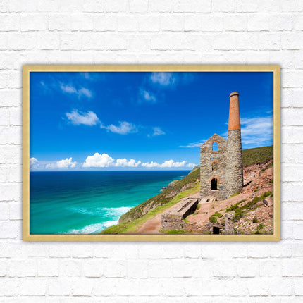 Cornish tin mine Framed picture print with a choice of frame colours. Beach seascape