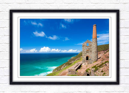 Cornish tin mine Framed picture print with a choice of frame colours. Beach seascape