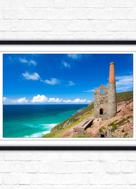 Cornish tin mine Framed picture print with a choice of frame colours. Beach seascape