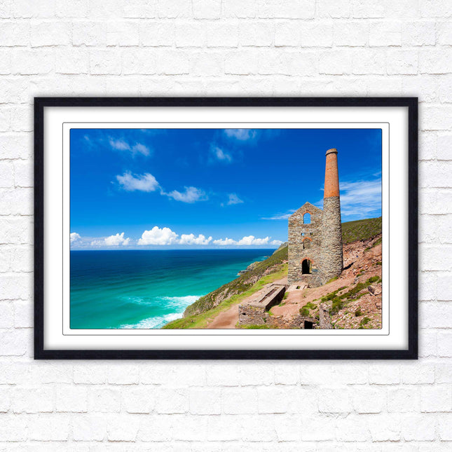 Cornish tin mine Framed picture print with a choice of frame colours. Beach seascape