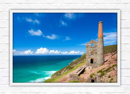 Cornish tin mine Framed picture print with a choice of frame colours. Beach seascape