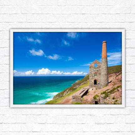 Cornish tin mine Framed picture print with a choice of frame colours. Beach seascape