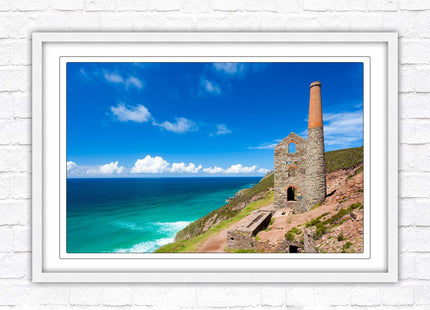 Cornish tin mine Framed picture print with a choice of frame colours. Beach seascape