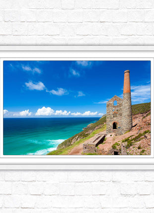 Cornish tin mine Framed picture print with a choice of frame colours. Beach seascape